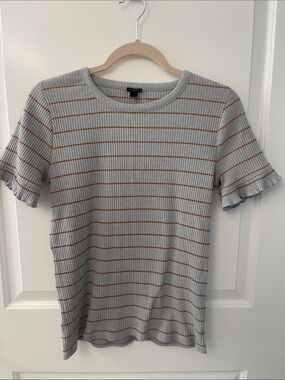 J. Crew Light Gray Ribbed Tee with copper Stripes and Ruffle Sleeves